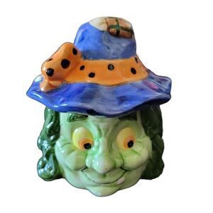Vtg Halloween Green Witchy Witch Snack Cookie Jar Candy Dish Ceramic Vigor Retro